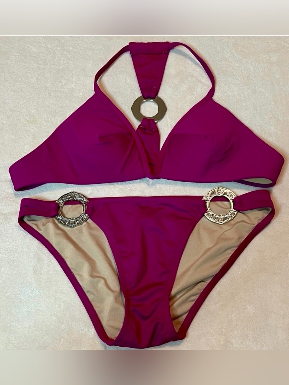Victoria's Secret Magenta Halter Bikini Set with Silver Rings